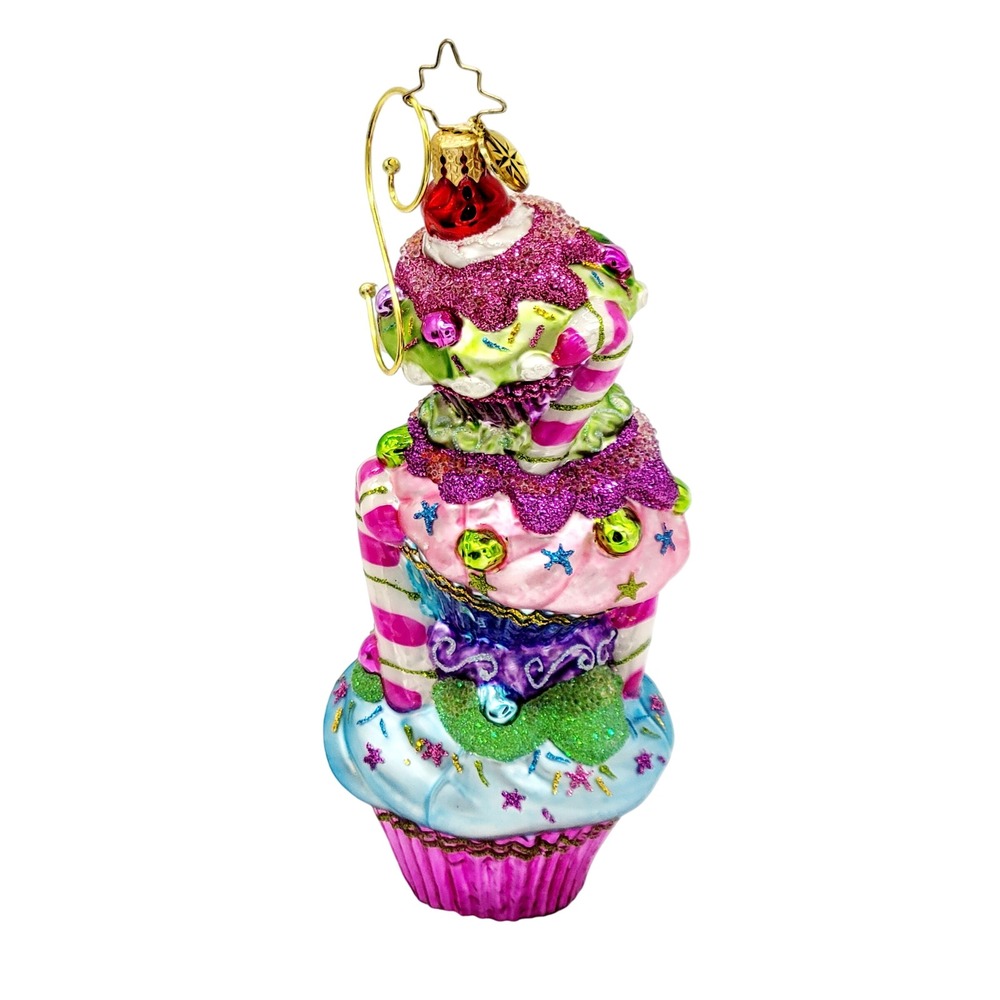 Christopher Radko Leaning Tower of Cupcake Glass Ornament 1016466 Pink Blue 6"
